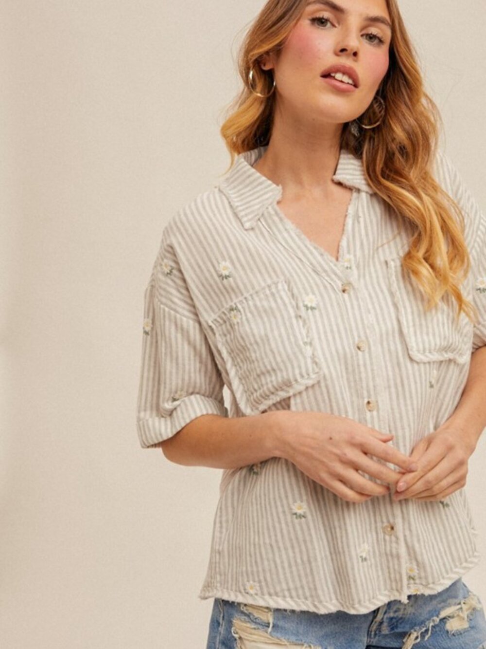NIP Hem & Thread Daisy Embroidered Striped Fringe Hem Boxy Top -  100% Cotton - Picture 4 of 5